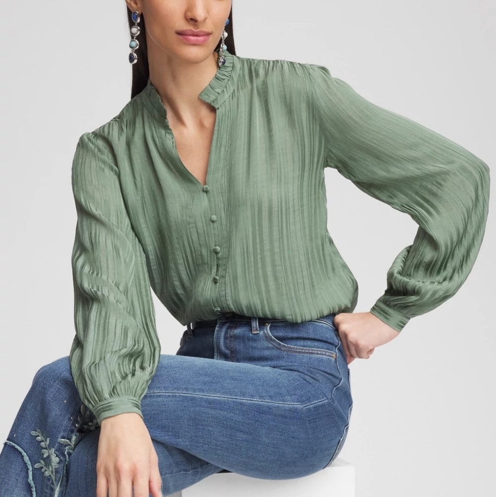 Chico's Georgette Ruffled-Hem Blouse in Mineral Green Size 3 / 16